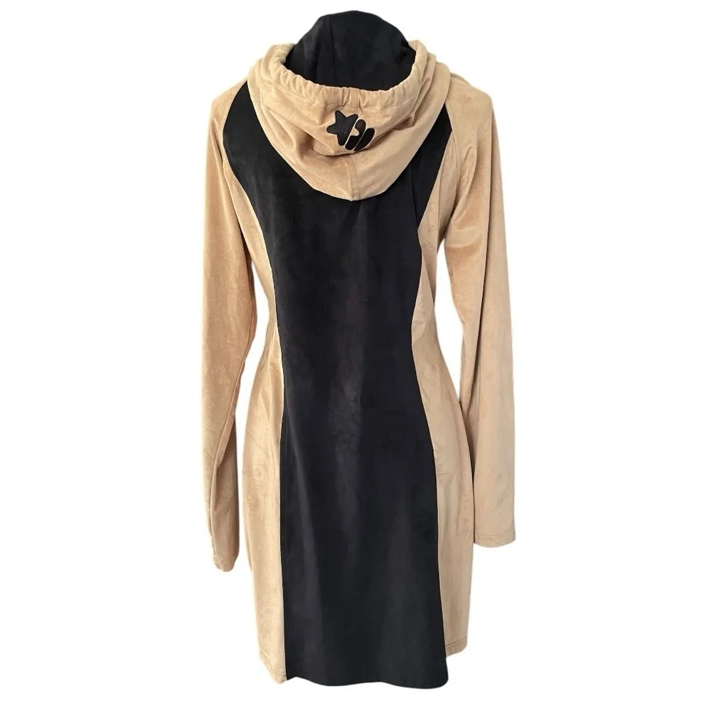MECCA FEMME Tan & Black Stretchy Faux Suede Hoodie Dress size L Y2K 90’s vintage